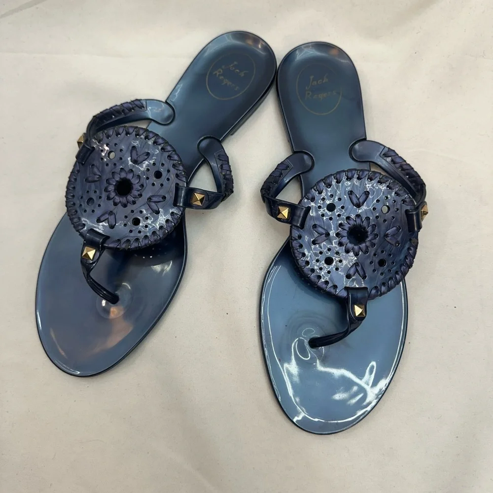 Jack Rogers Collins Jelly Flat Navy Sandals with Gold Accents 10 - Picture 1 of 4
